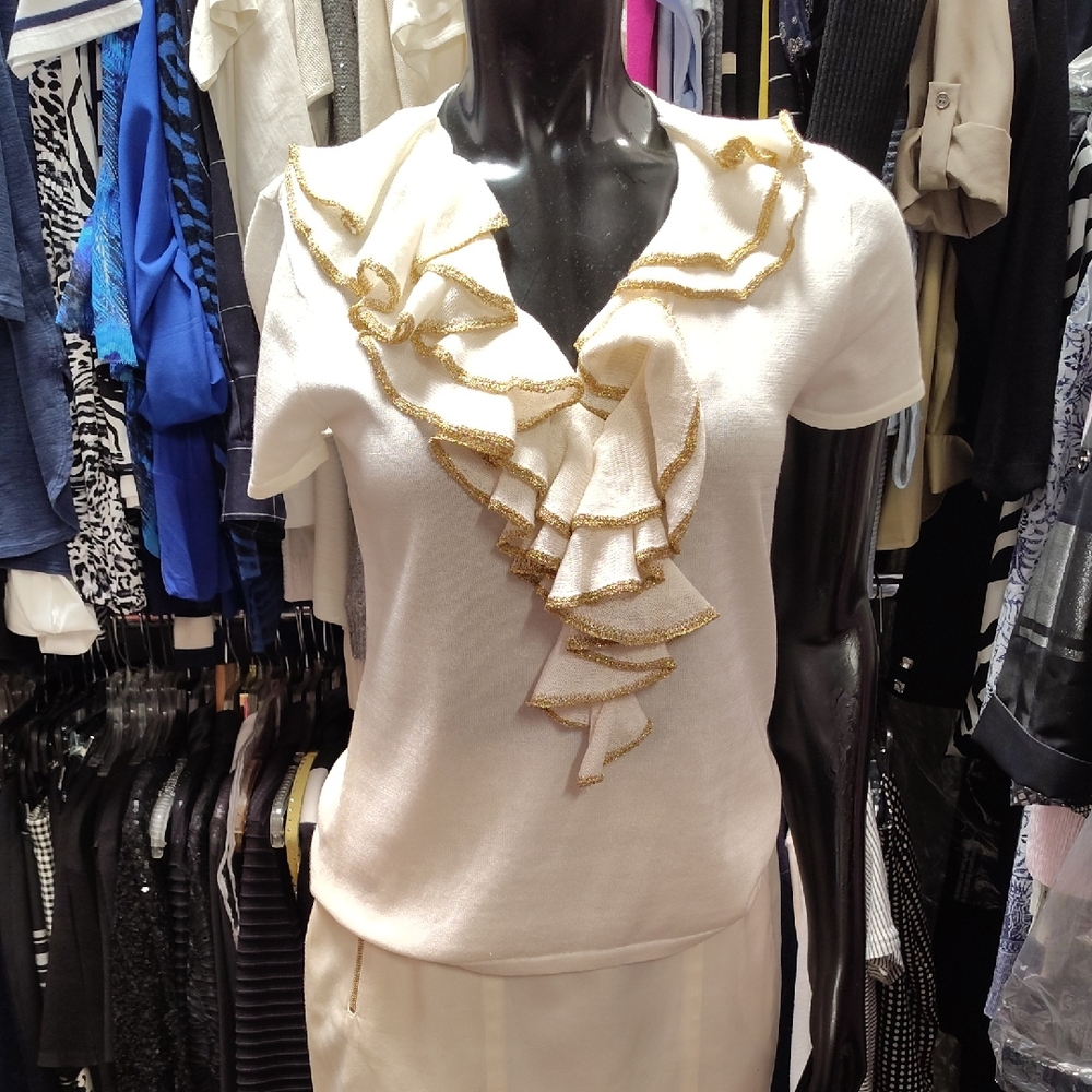 Ralph Lauren White Blouse with Gold Ruffles
